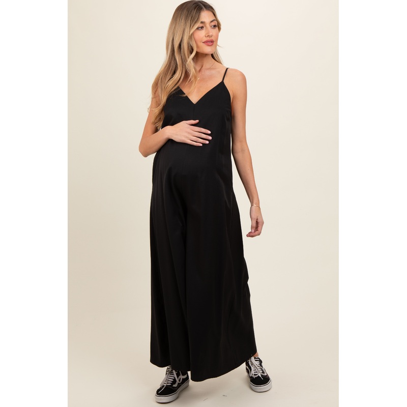 Black V-Neck Sleeveless Wide Leg Maternity Jumpsuit