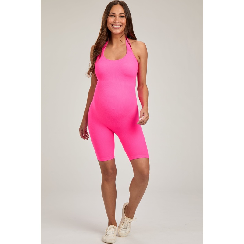 Fuchsia Ribbed Fitted Halter Maternity Romper