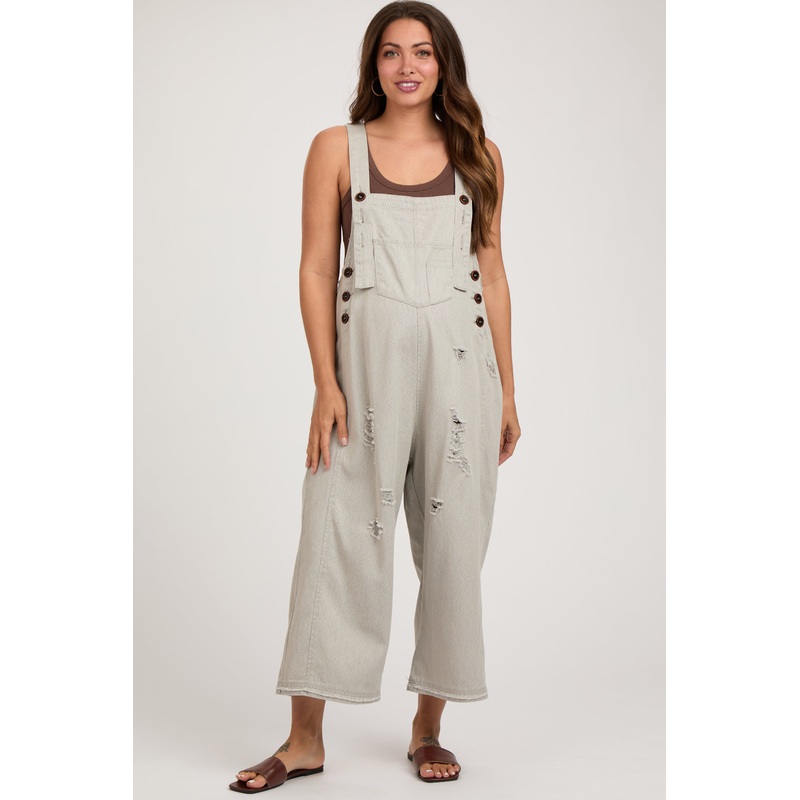 Grey Side Button Distressed Maternity Overalls