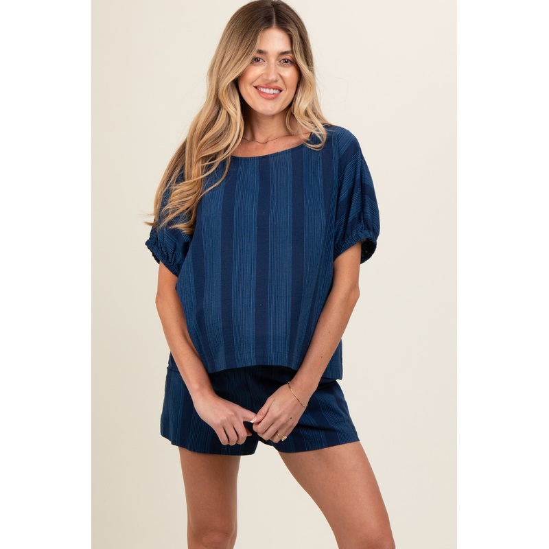 Navy Blue Wide Stripe Maternity Shorts Set