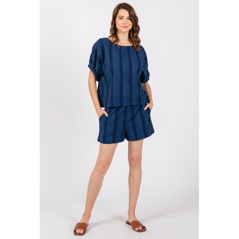 Navy Blue Wide Stripe Shorts Set