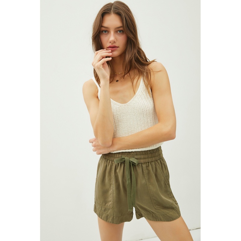 Olive Drawstring Side Pocket Shorts