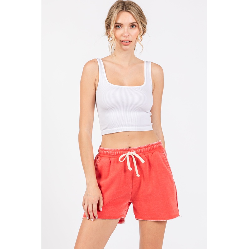 Red Vintage Wash Drawstring Shorts