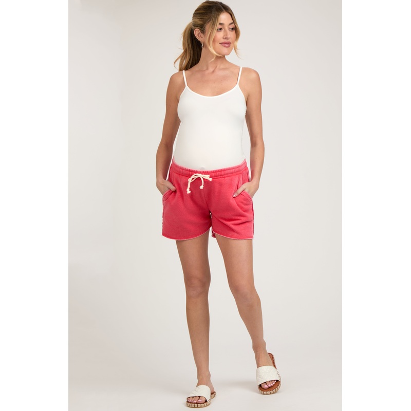 Red Vintage Wash Maternity Drawstring Shorts