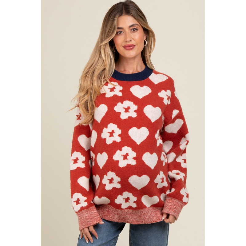 Rust Floral Heart Print Maternity Sweater