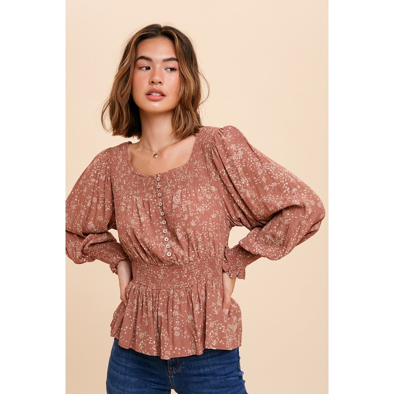 Rust Smocked Button Front Peasant Top