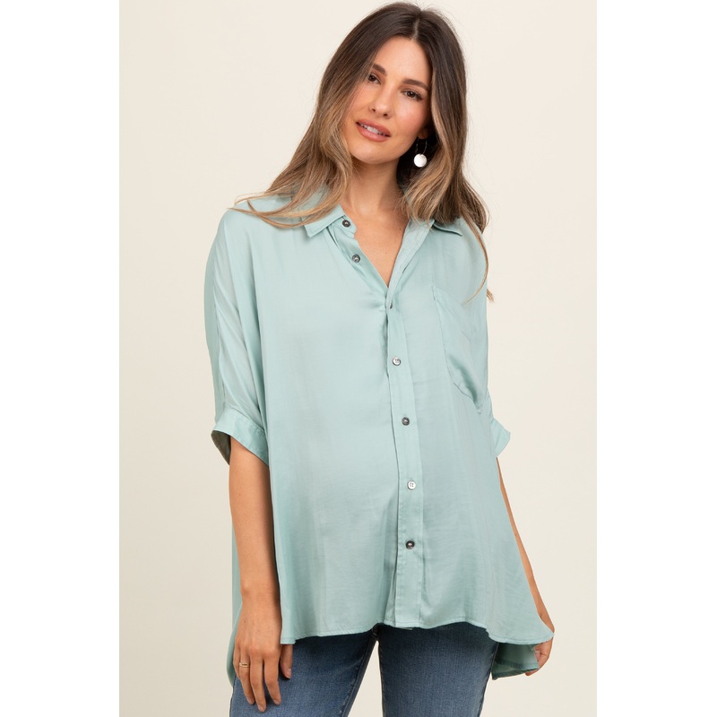 Sage Satin Oversized Maternity Shirt