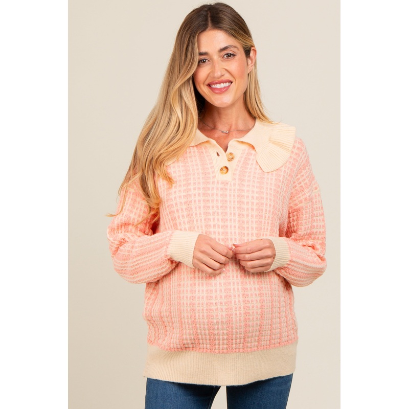 Salmon Ruffle Collar Button Up Waffle Knit Maternity Sweater