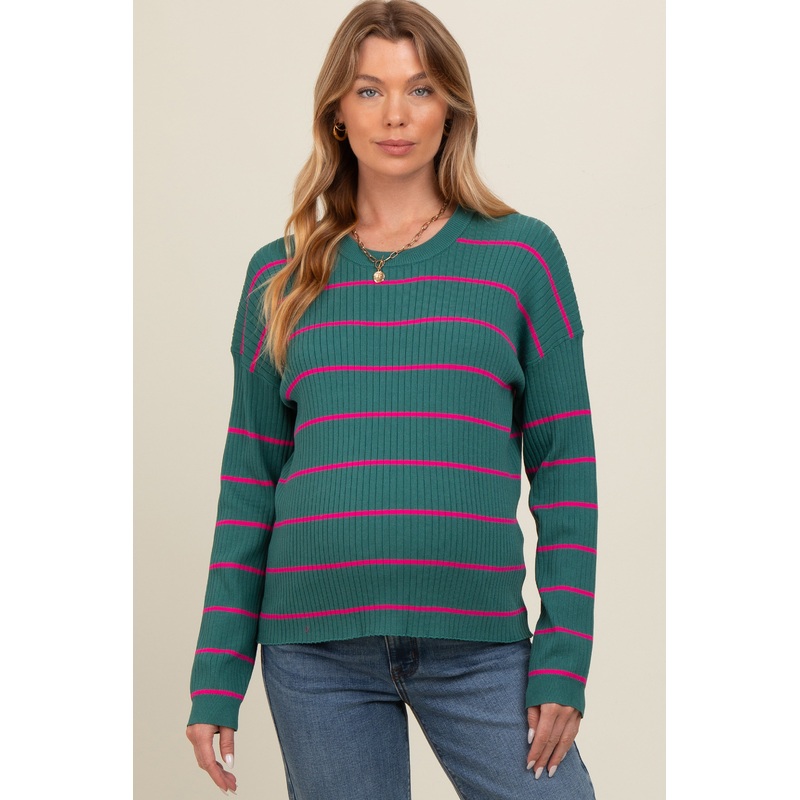 Teal Striped Ribbed Knit Long Sleeve Maternity Top