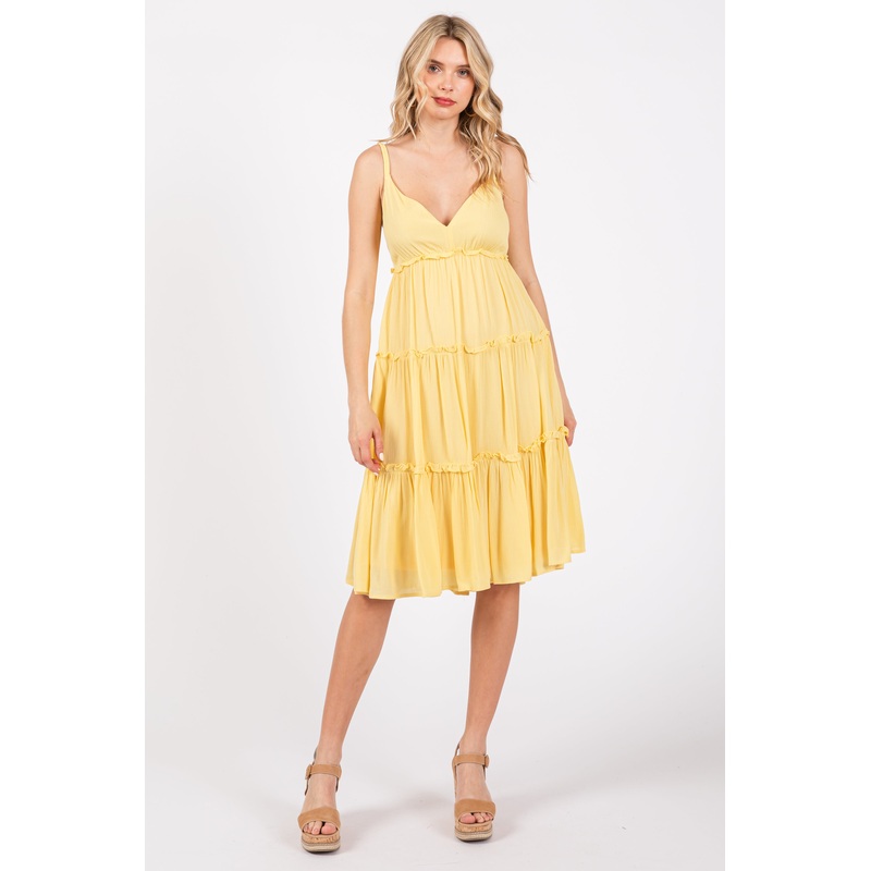 Yellow Ruffle Tiered Cutout Back Tie Dress