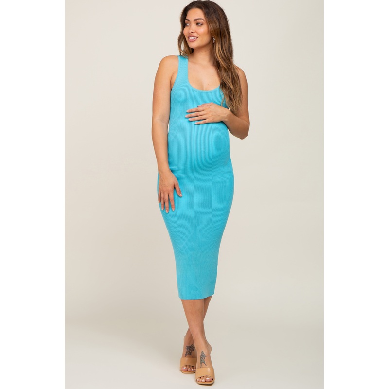 Aqua Ribbed Low Back Cut Out Sleeveless Maternity Midi Dress