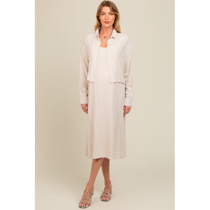 Beige Linen Cropped Shirt Midi Dress Maternity Set