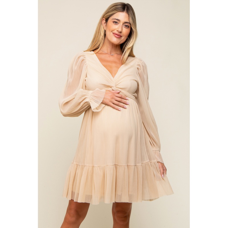 Beige Pleated Knotted Long Sleeve Maternity Dress
