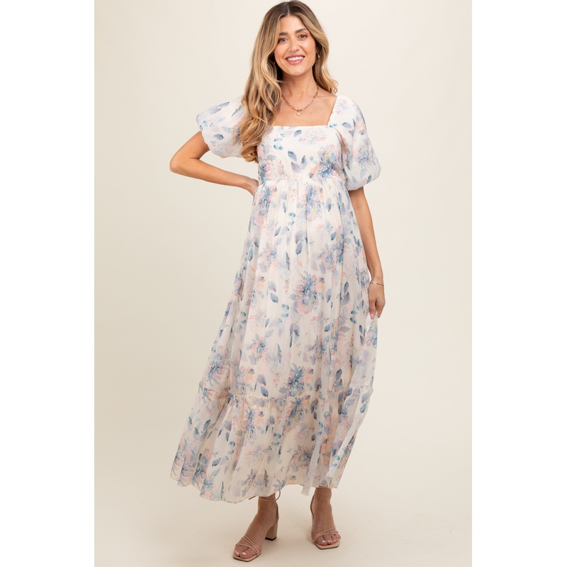 Beige Puff Sleeve Square Neck Maternity Dress
