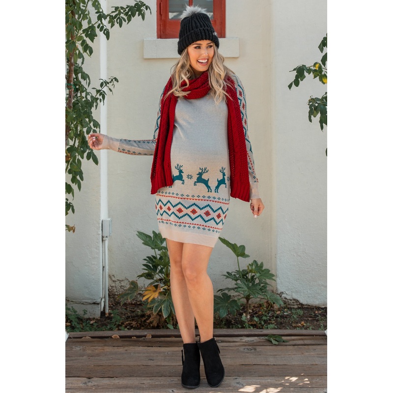Beige Reindeer Fitted Maternity Sweater Dress