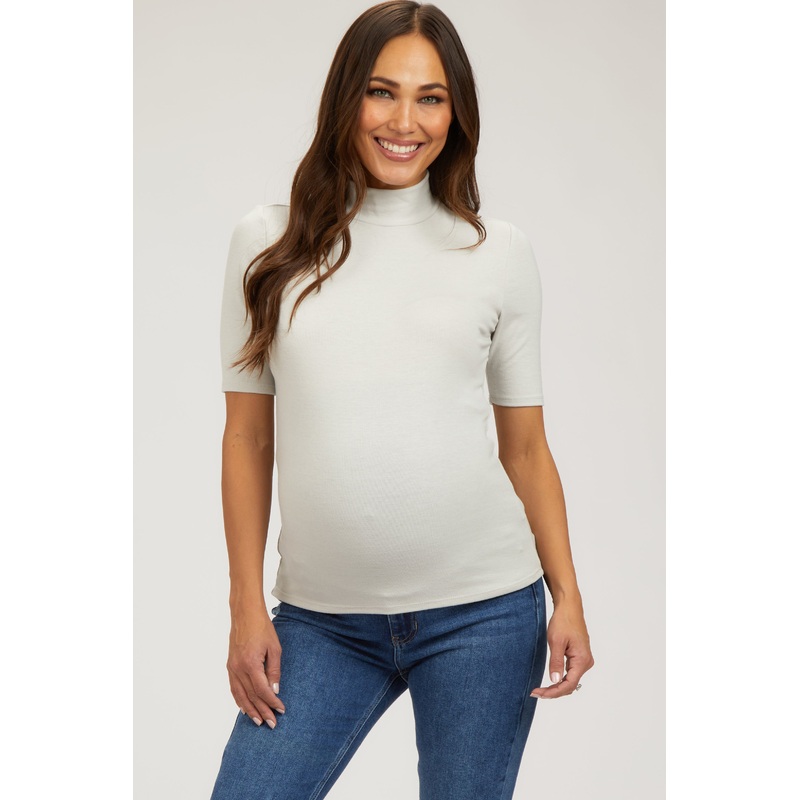 Beige Short Sleeve Turtleneck Maternity Top
