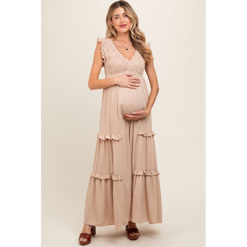Beige Smocked Ruffle V-Neck Maternity Maxi Dress