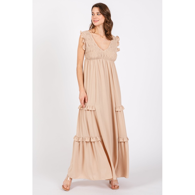 Beige Smocked Ruffle V-Neck Maxi Dress