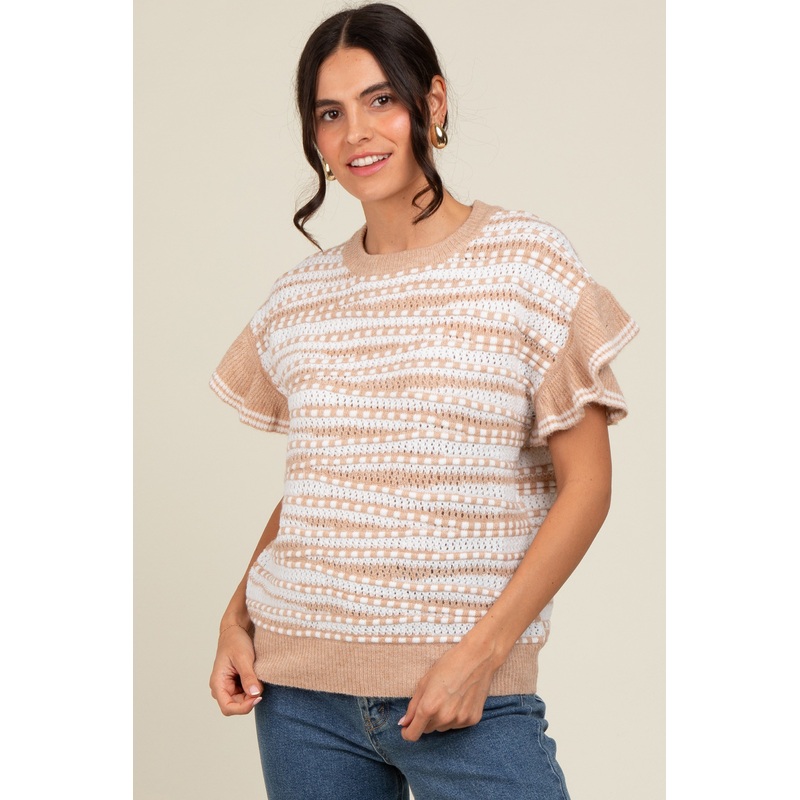 Beige Textured Stripe Ruffle Short Sleeve Sweater