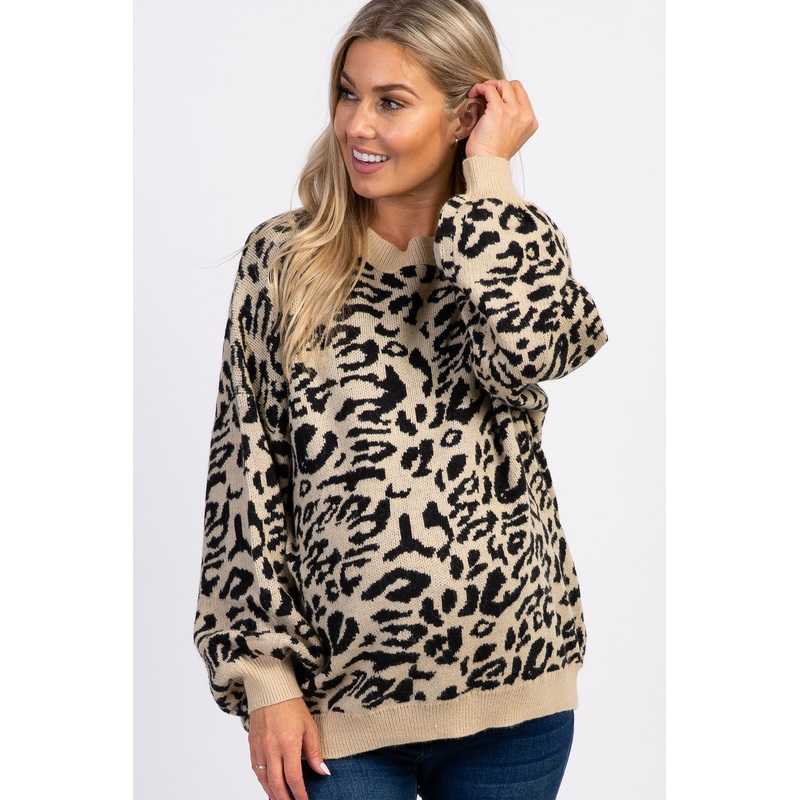 Black Leopard Knit Puff Sleeve Maternity Sweater