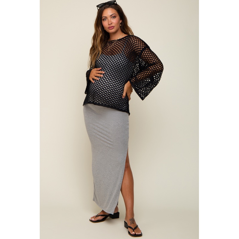 Black Open Knit Bell Sleeve Maternity Sweater