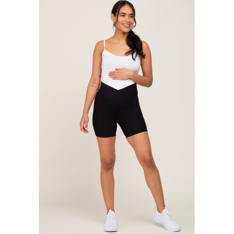 Black Ribbed Crisscross Maternity Biker Shorts