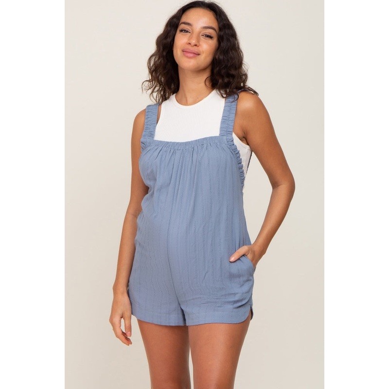 Blue Embroidered Square Ruched Neck Maternity Romper