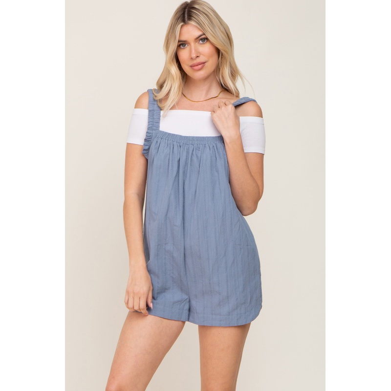 Blue Embroidered Square Ruched Neck Romper