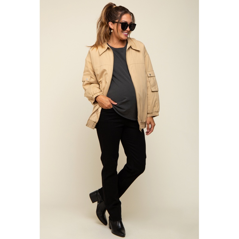 Camel Zip Up Bomber Maternity Jacket