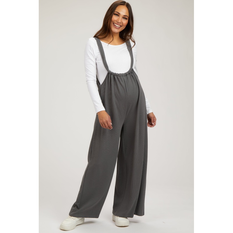 Grey Ribbed Drawstring Wide Leg Maternity Jumpsuit