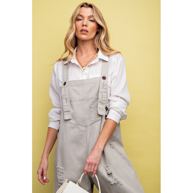 Grey Side Button Distressed Overalls
