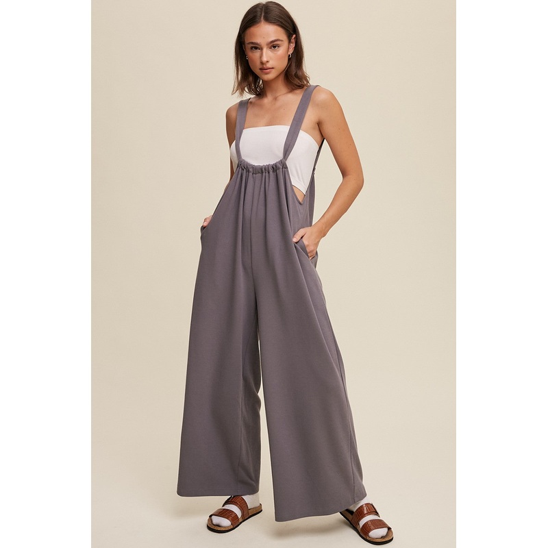 Navy Ribbed Drawstring Wide Leg Jumpsuit