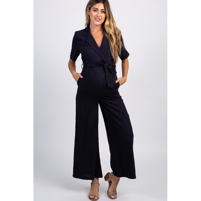 Navy Short Sleeve Collared Utility Maternity Jumpsuit