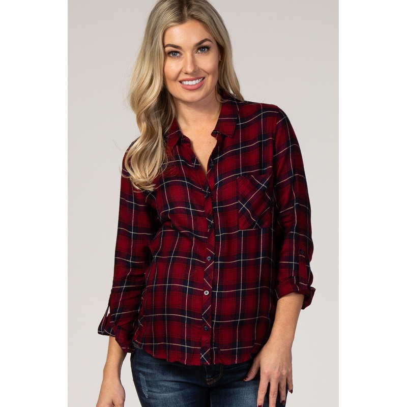 Red Plaid Rolled Sleeve Collared Button Down Maternity Top