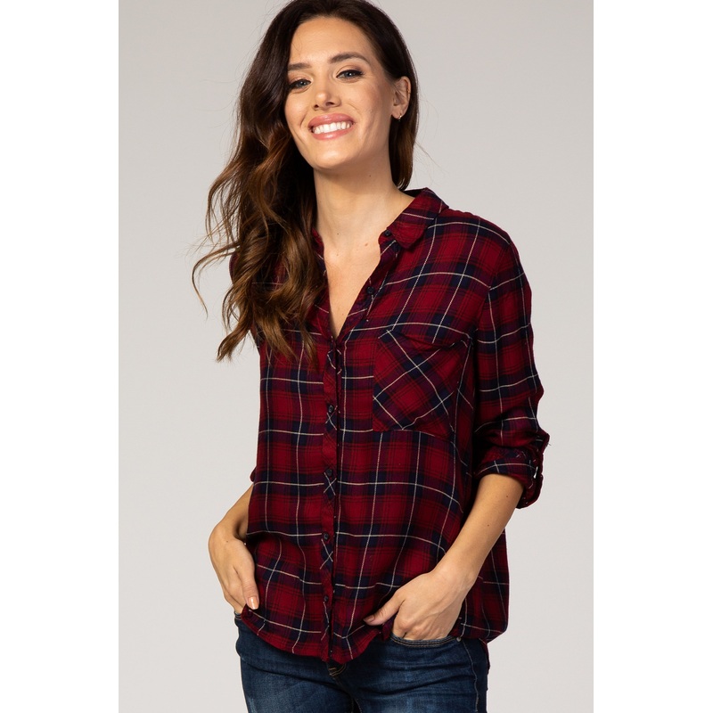 Red Plaid Rolled Sleeve Collared Button Down Top
