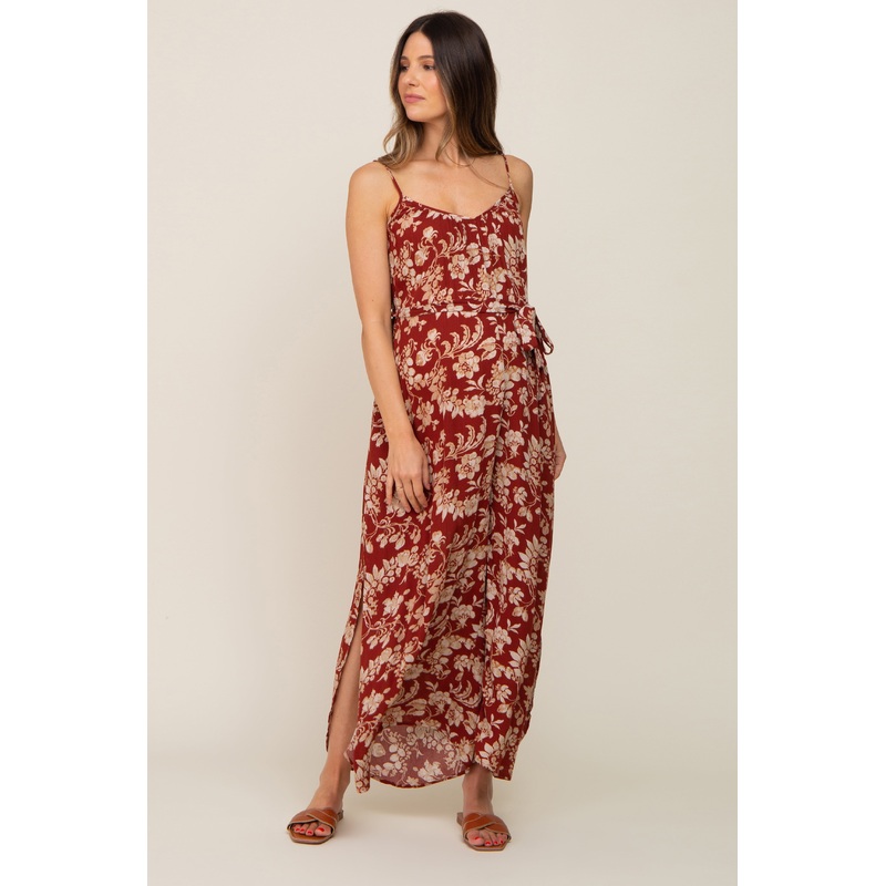 Rust Floral Waist Tie Slit Side Maternity Jumpsuit