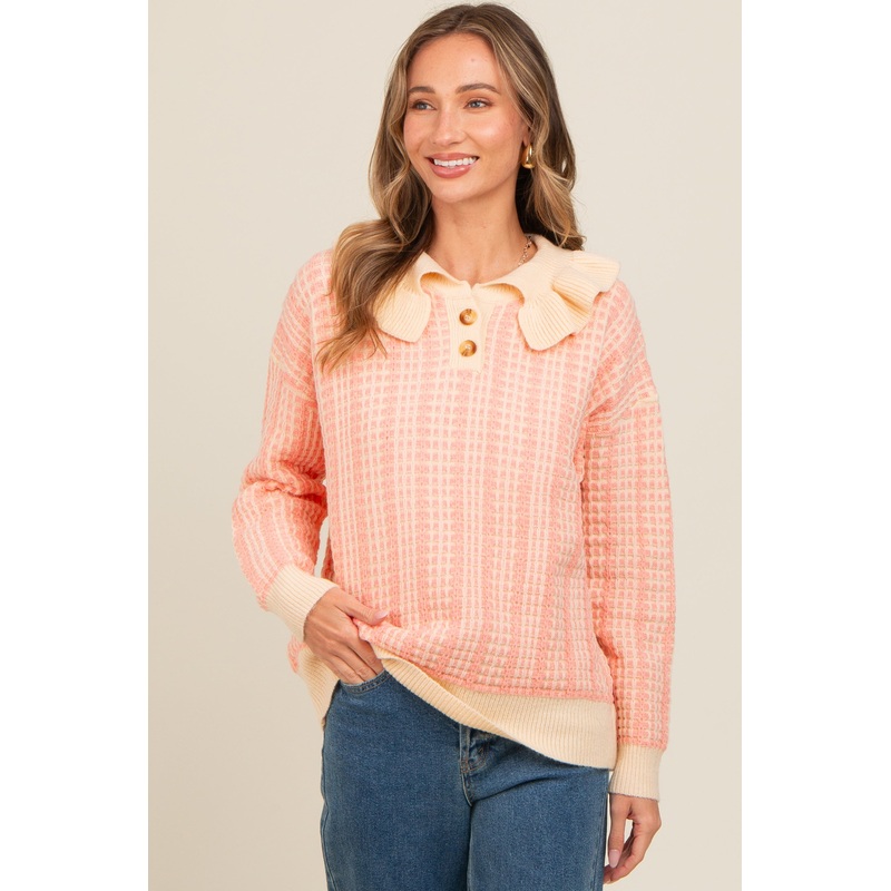 Salmon Ruffle Collar Button Up Waffle Knit Sweater