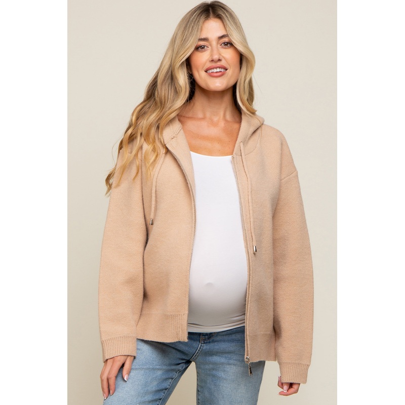 Taupe Zip Up Hooded Maternity Cardigan