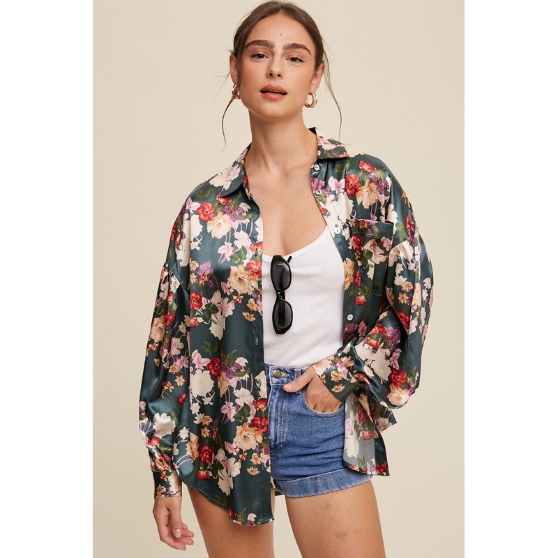 Teal Flower Print Button Down Oversized Satin Blouse