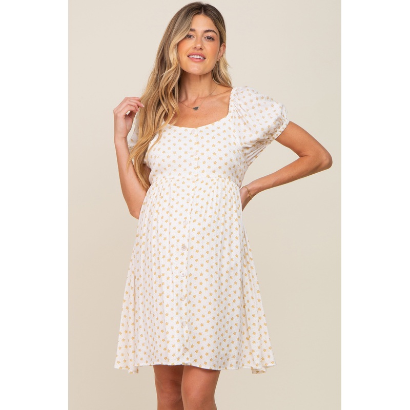 Yellow Floral Dotted Button Front Maternity Dress