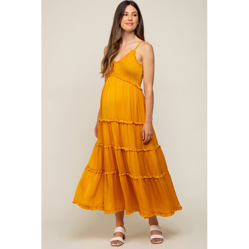 Yellow Gold Smocked Ruffle Tiered Maternity Maxi Dress