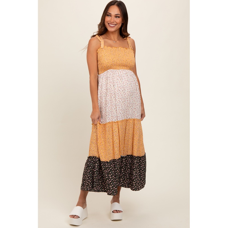 Yellow Multicolor Ditsy Floral Shoulder Tie Maternity Maxi Dress