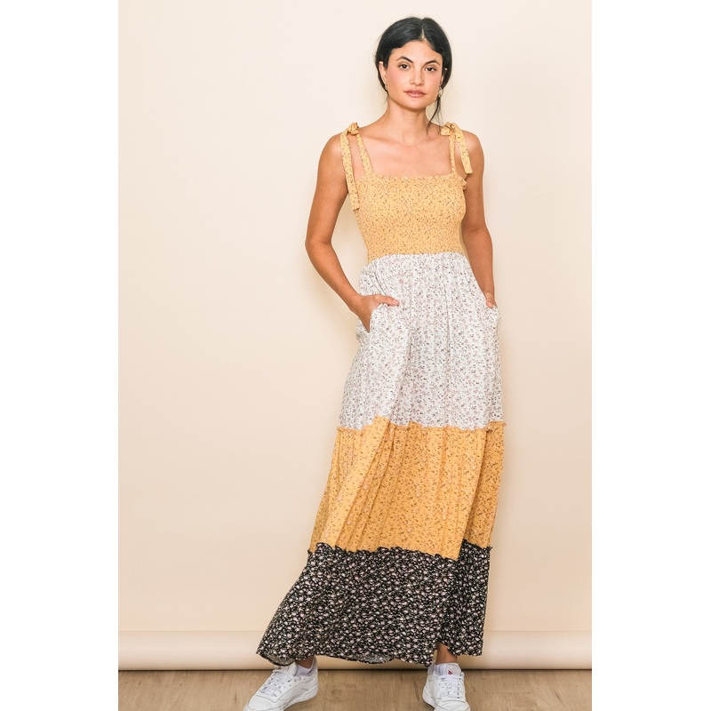 Yellow Multicolor Ditsy Floral Shoulder Tie Maxi Dress