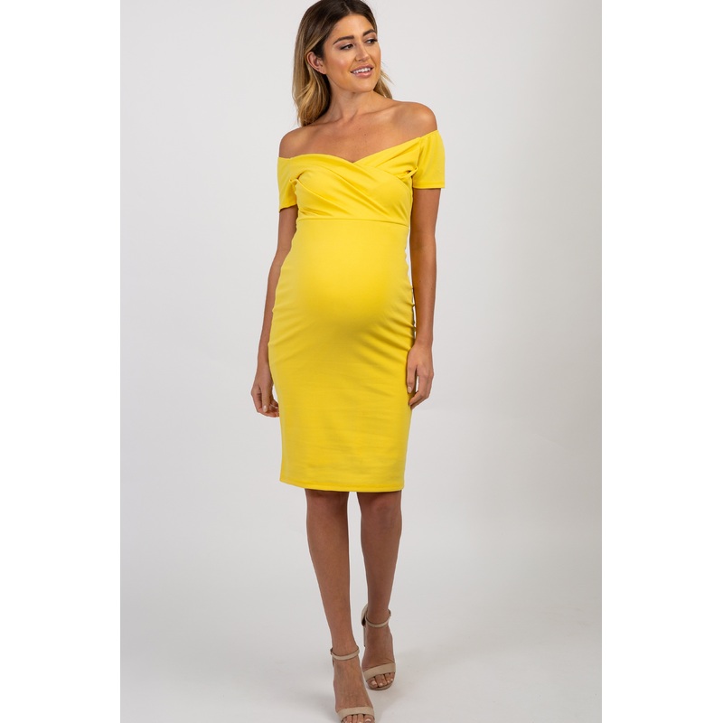 Yellow Solid Off Shoulder Maternity Fitted Dress