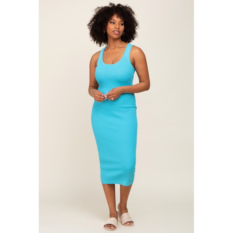 Aqua Ribbed Low Back Cut Out Sleeveless Midi Dress