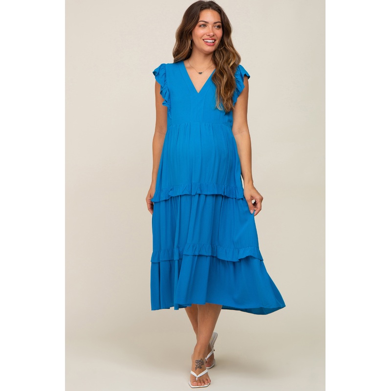 Aqua Ruffle Accent Tiered Maternity Midi Dress