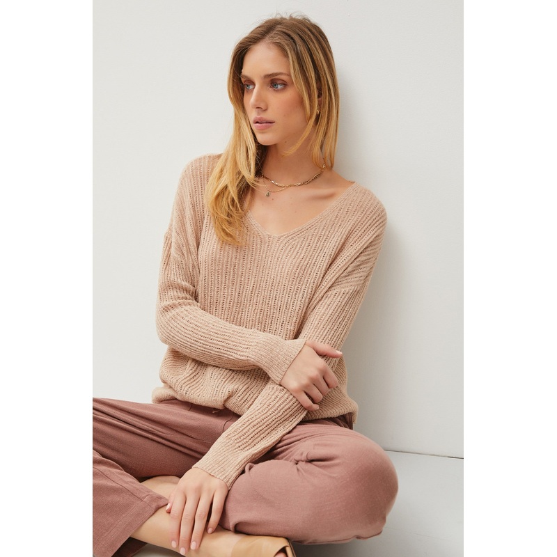 Beige Knit V-Neck Long Sleeve Top