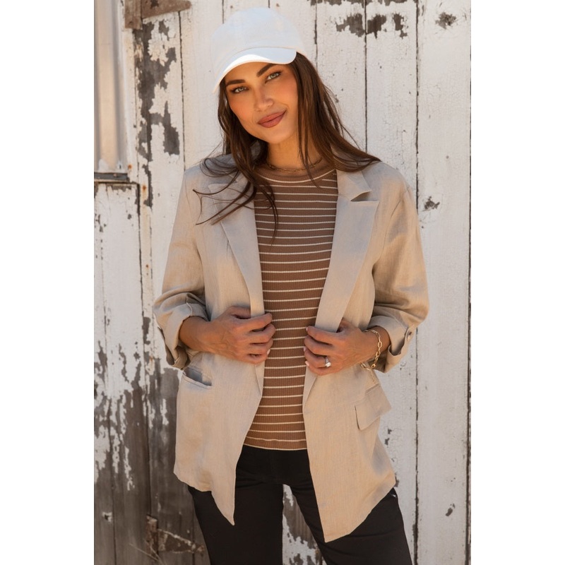 Beige Linen Rolled Cuff Maternity Blazer