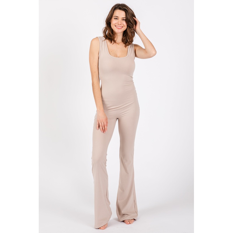 Beige Open Back Ruched Sleeveless Jumpsuit
