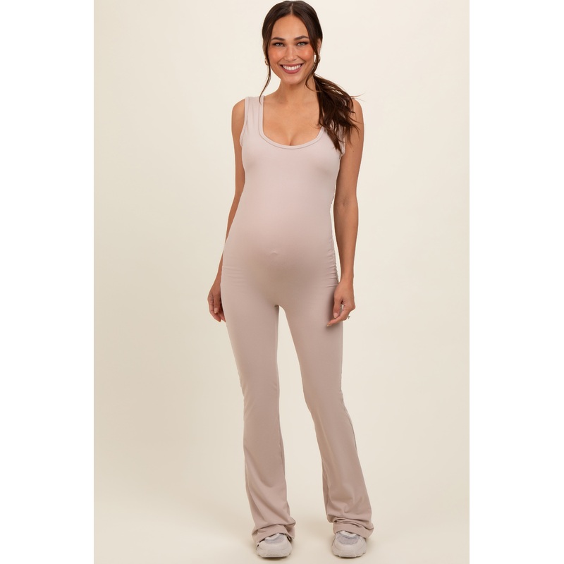 Beige Open Back Ruched Sleeveless Maternity Jumpsuit